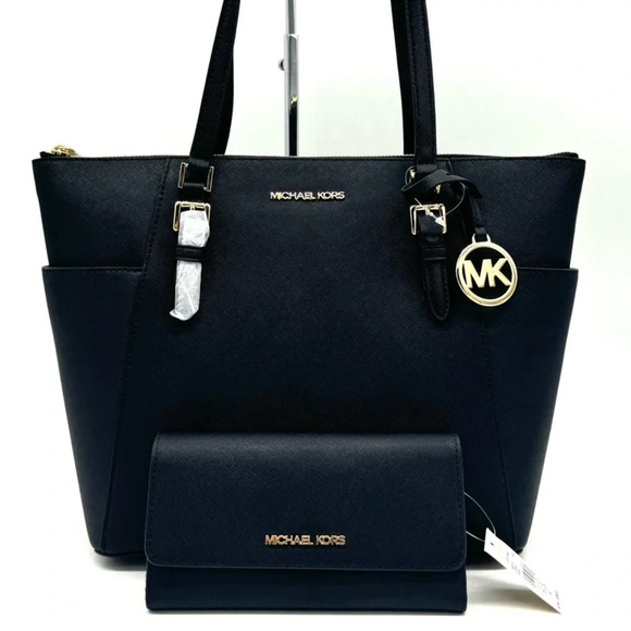 Michael Kors Large Charlotte Tote Bag & Large Trifold Wallet Black/Gold - Picture 1 of 13